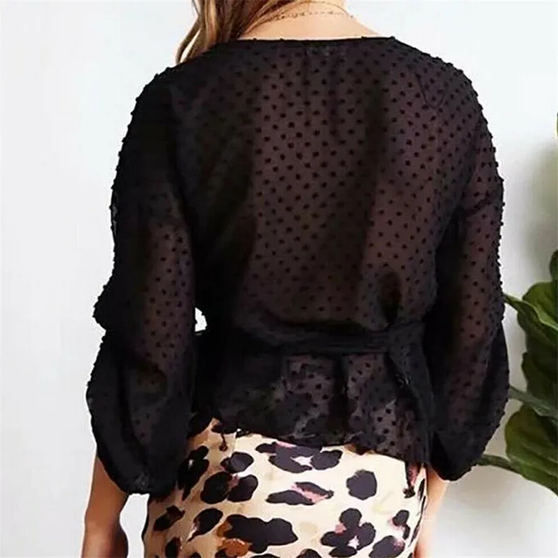 Осенняя женская блузка с длинным рукавом Сексуальная рубашка v-образным вырезом