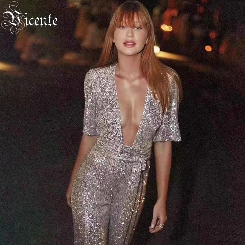 VC Бесплатная доставка 2020 женский комбинезон с блестками коротким рукавом