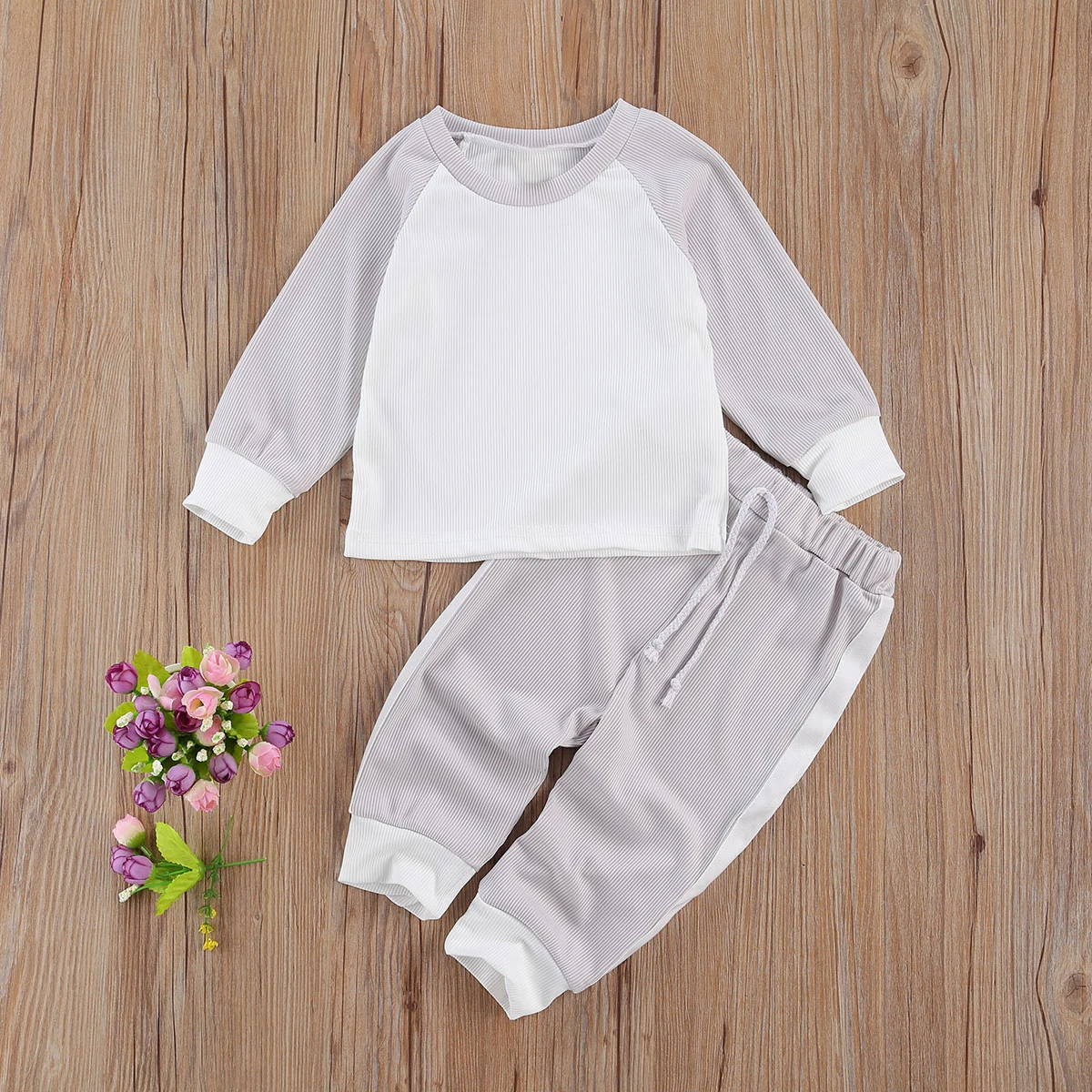 

Spring Autumn Baby Children Long Sleeve Suit Personality Color Contrast Stitching Round Neck T-shirt Elastic Long Pants 2pcs Set