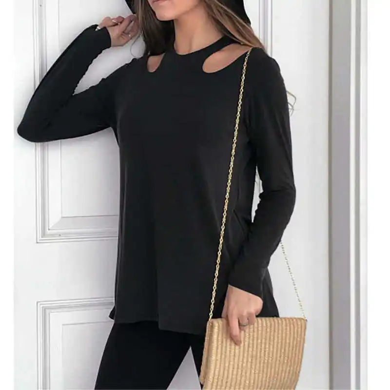 Black Cut Out Shoulder Elegant Top Women 2019 Autumn Casual Long Sleeve Blouse For | Женская одежда