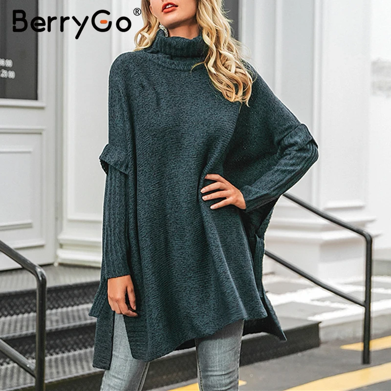 BerryGo Turtleneck autumn winter sweater women Long sleeve solid ladies poncho Casual bat female pullover | Женская одежда