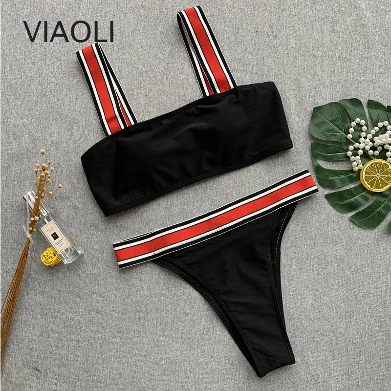 Бикини Новые сексуальные черные полоски Стринги бандажный купальник женский