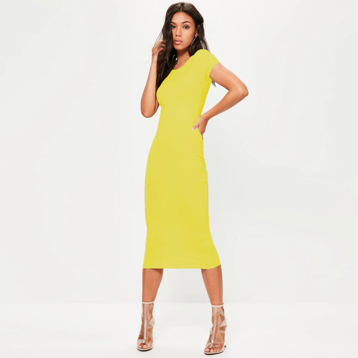 

Cotton Long Spring Dress Fashion Solid O-Neck Short Sleeve Office Lady Summer Dress Plus Size Casual Pencil Vestidos Party Robe