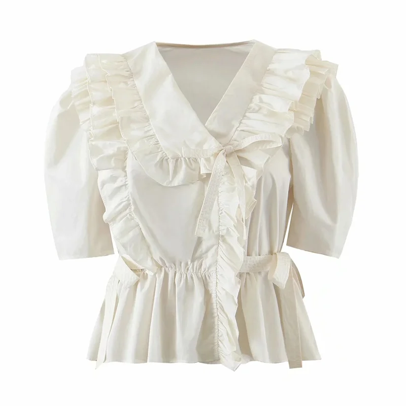 

Woman Sweet Beige Slim Ruffles Blouse 2021 Spring Elegant Female Lacing Puff Sleeve Bloused Ladies French V Neck Tops