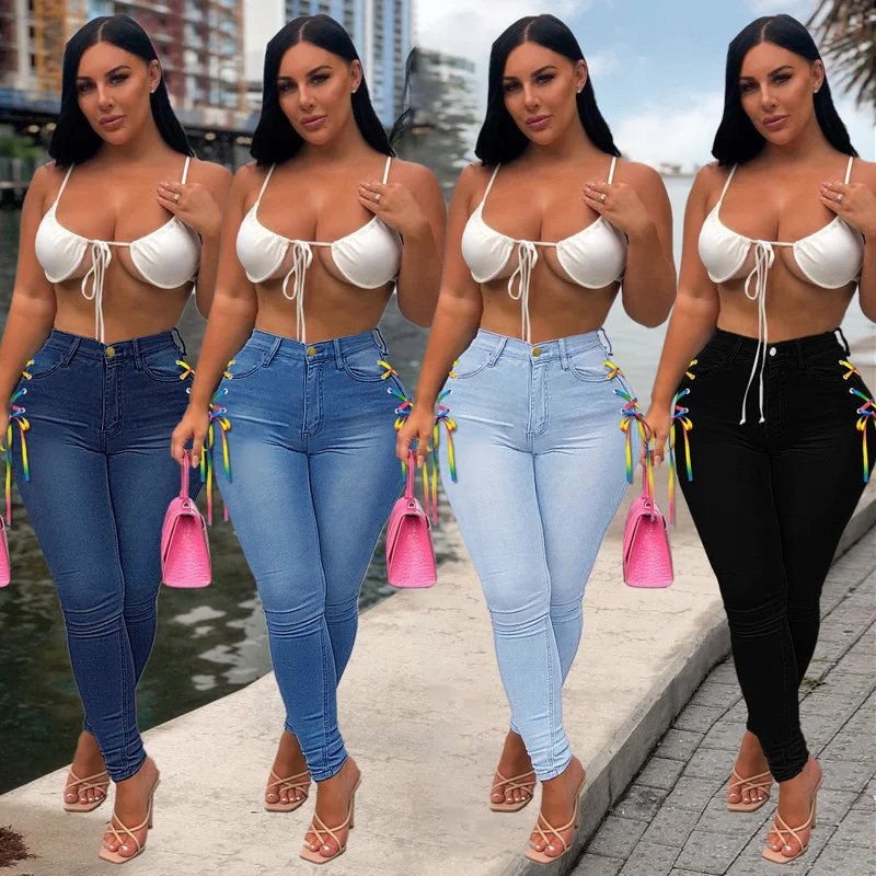 

Pencil Jeans Women's Casual Solid Color Lace-up Jeans Autumn Fashion High Waist Button Slim Jeans