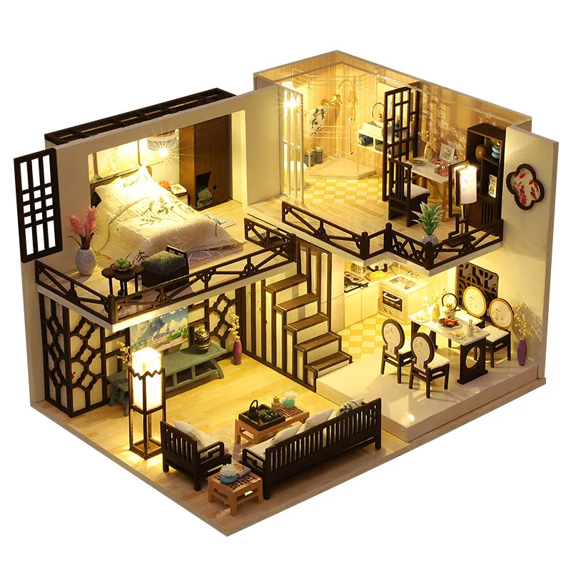 

New DIY Wooden Dollhouse Chinese Ancient Loft Kit Miniature Furniture Casa Doll House Assembly Toys for Children Adult Gifts