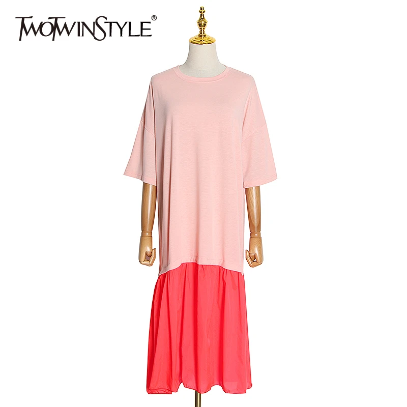 Женское повседневное миди платье TWOTWINSTYLE летнее белое лоскутное с круглым