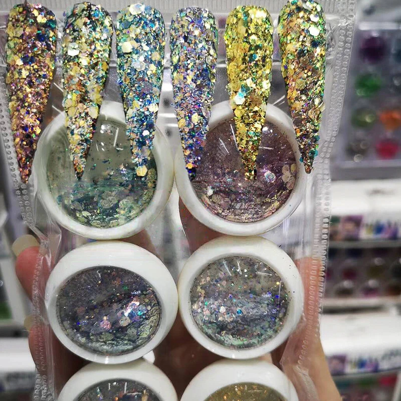 

6Box/set Nail Holographic Glitter Flake Multi-color Ultra-thin Chunky Flake Powder Sequin Nails Tip Art Glitter Holo 3D Flake,JK