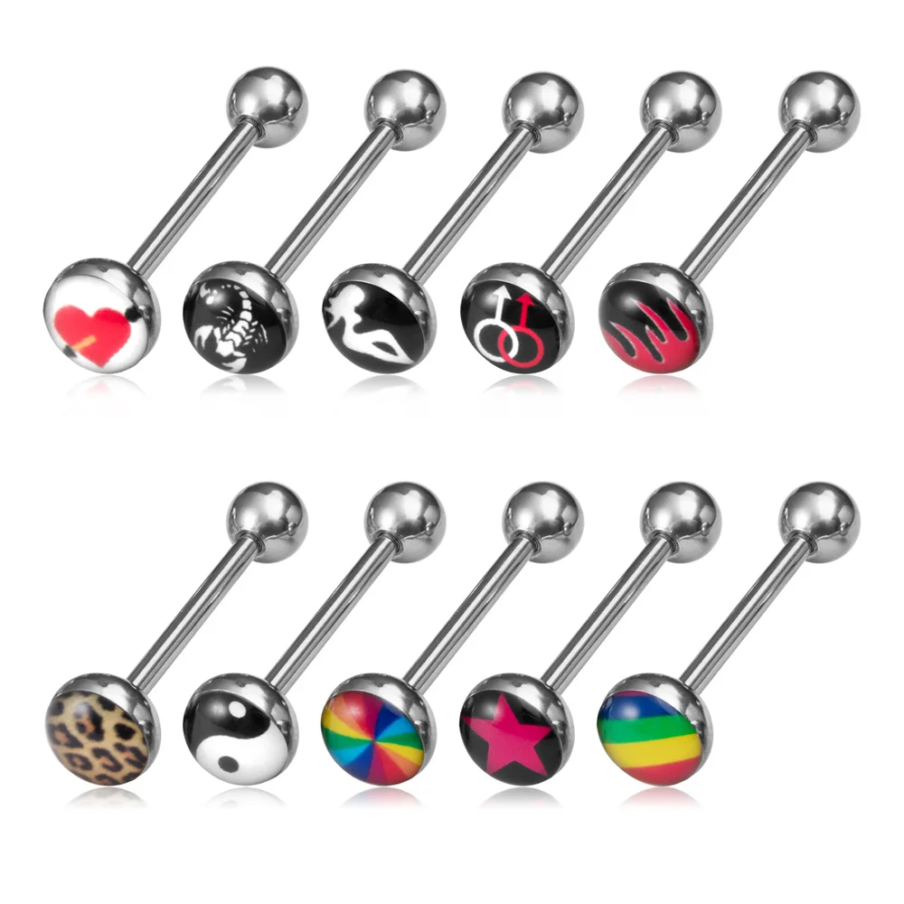 

10PCS Random Logo Tongue Rings Barbells Surgical Steel Funny Nasty Wordings Picture Logo Signs Tongue Piercing 14G Body Jewelry