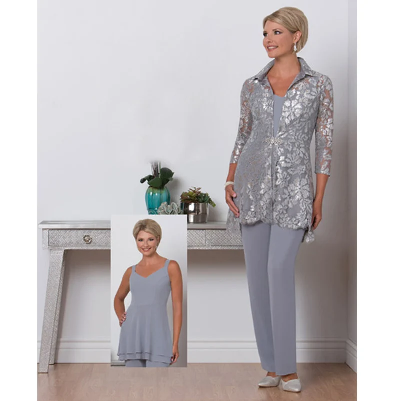 

Cheap Three Pieces Mother Of the Bride Pant Suit Plus Size Scalloped Neck Mothers Suit With Lace Jacket
