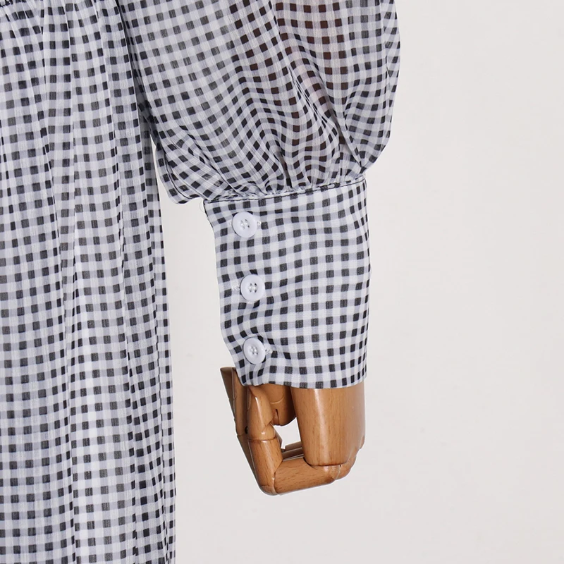 

VGH Plaid Ruched Elegant Dress For Female Stand Collar Lantern Sleeve High Waist Midi Dresses Women 2020 New Clothing Fashion