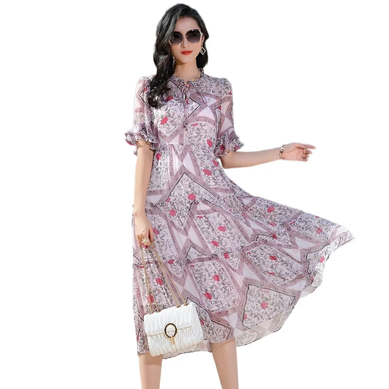 TML21682 New Fashion 2021 Women's Spring Clothing Romantic Light Luxury Western Style Slimming Large Size 100% Silk Dress