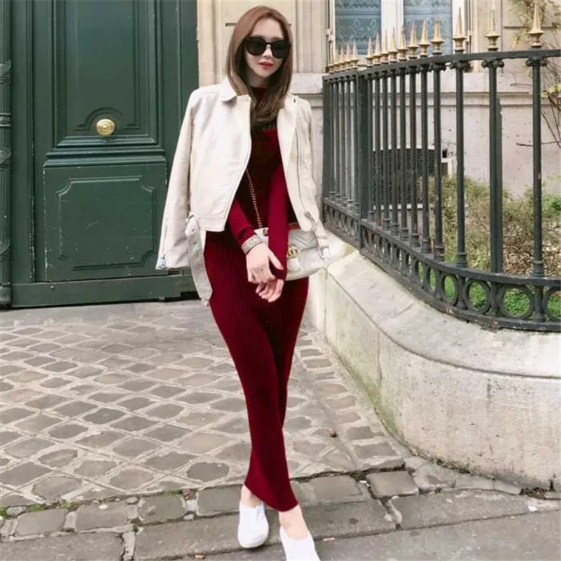 

Casual Slim Maxi Knitted Women Winter 2020 New Warm Elasticity Pullover O-neck Long Sleeves Pencil Party Dress Elegant Bodycon