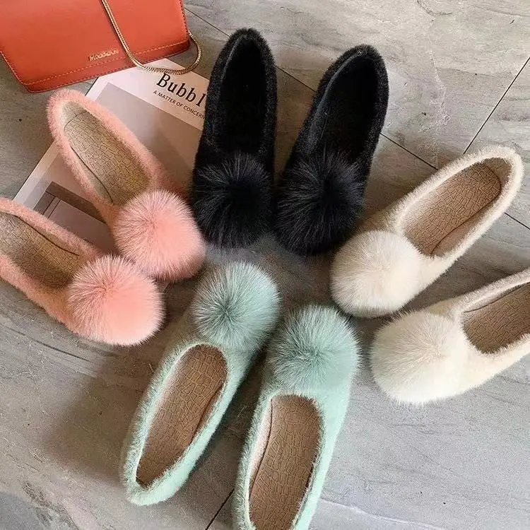 

Sapatos casuais femininos New style plush ball fall/winter flat peas shoes pink black blue women's shoes cotton shoes