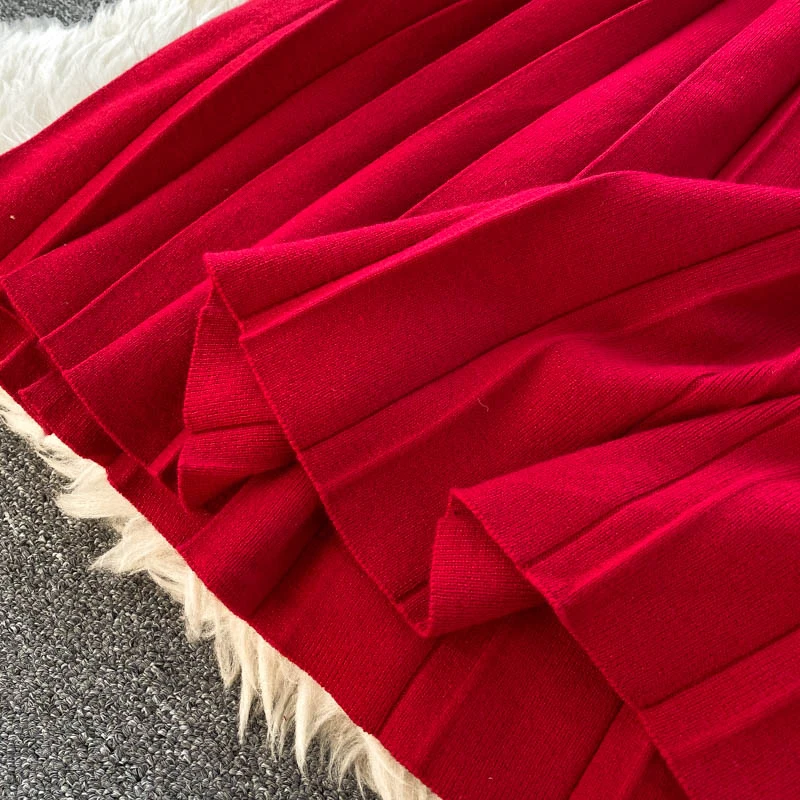 

Women 2021 Spring Autumn New Bow Collar Slim Waist A-line Pleated Short Party Dress Chic Long Sleeve Knitted Dress Vestidos