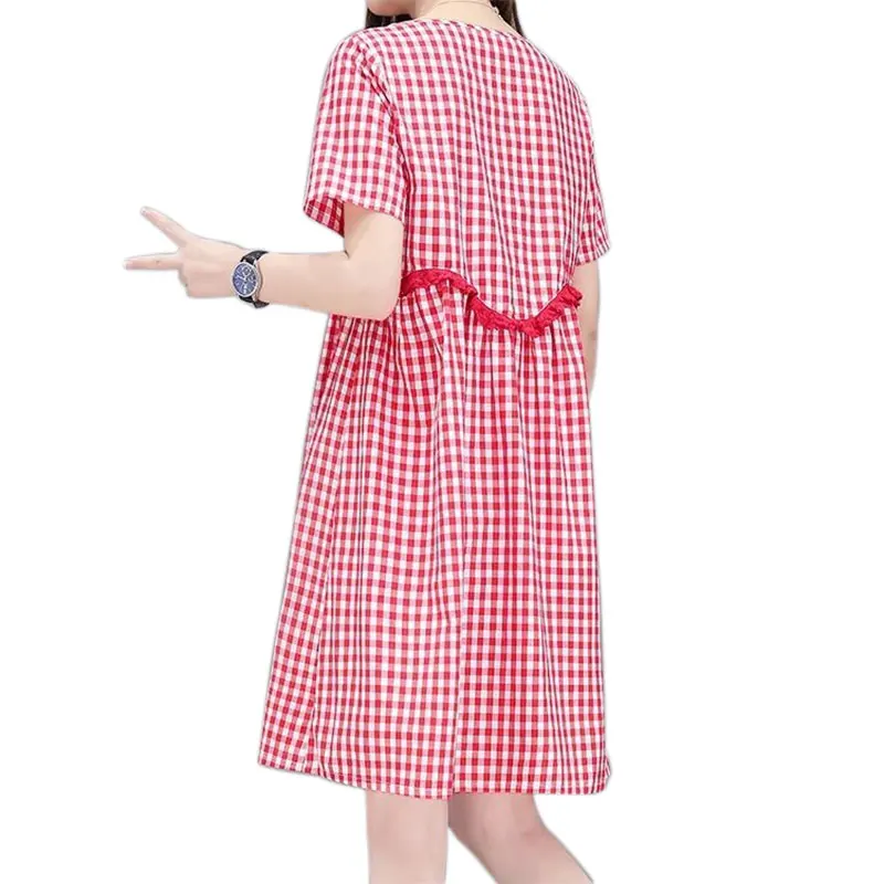 Женское летнее платье-туника в клетку с коротким рукавом и высокой талией S-3XL |