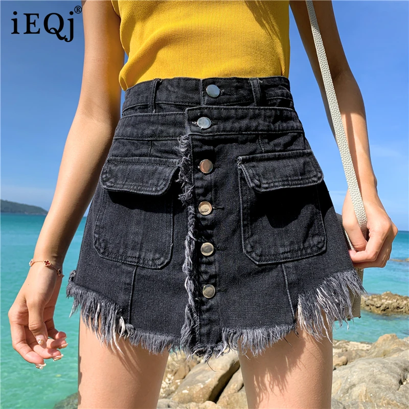 

IEQJ 2021 new summer fashion women clothes high waist tassels fake two pieces gray denim shorts girl's tide WP60002XL