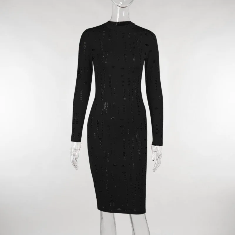 

RStylish 2021 Autumn Fashion Slim Sexy Solid Color Hollow Out Long Sleeve O-Neck Woman Casual Sheath Midi Dress