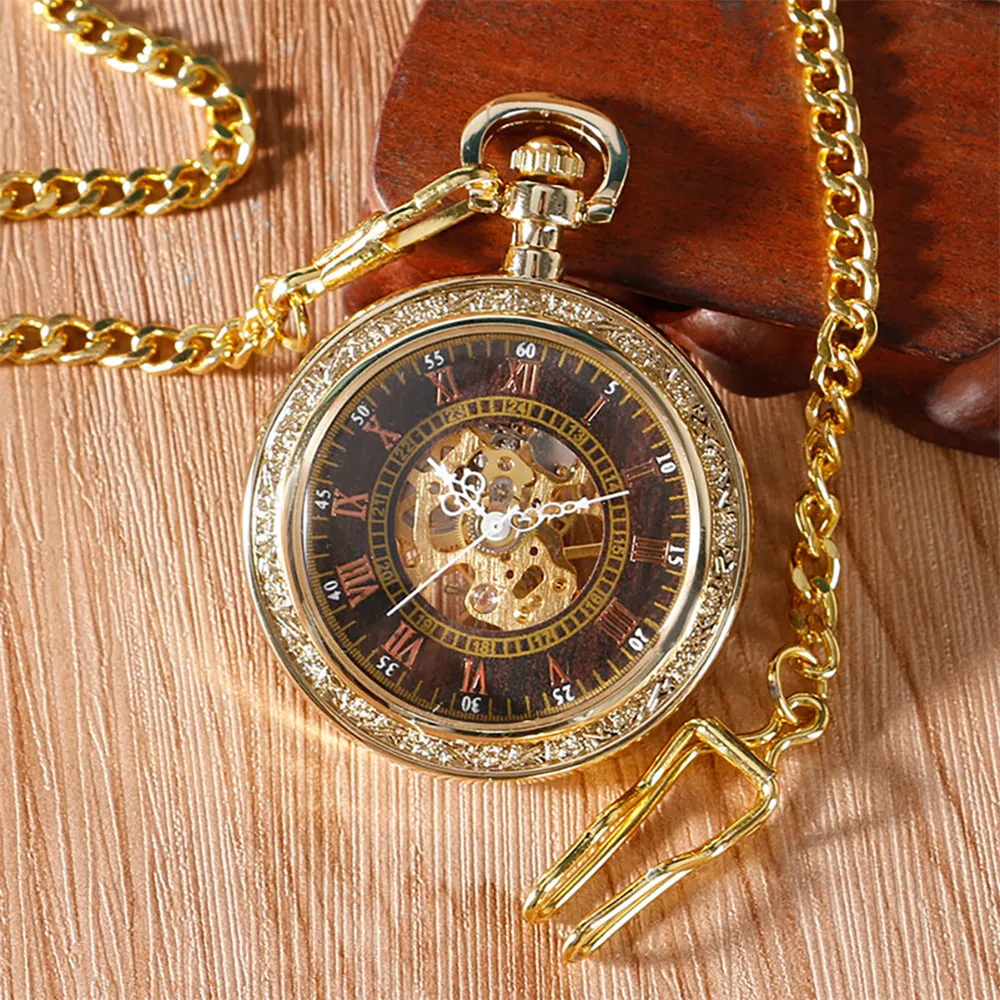 Vintage Roman Numerals Transparent Skeleton Mechanical Pocket Watch Golden Open Face Manual Hand Winding Pocket Timepiece reloj