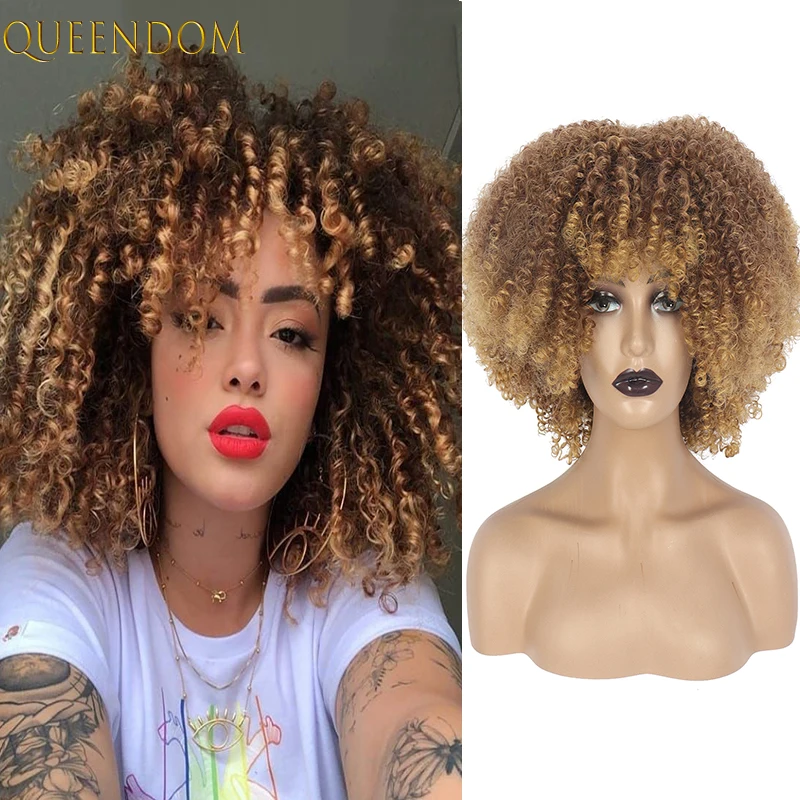 

14" Short Kinky Curly Wigs for Black Women Ombre Brown Afro Curls Cosplay Wig with Bangs Natural Synthetic Deep Curly Blonde Wig