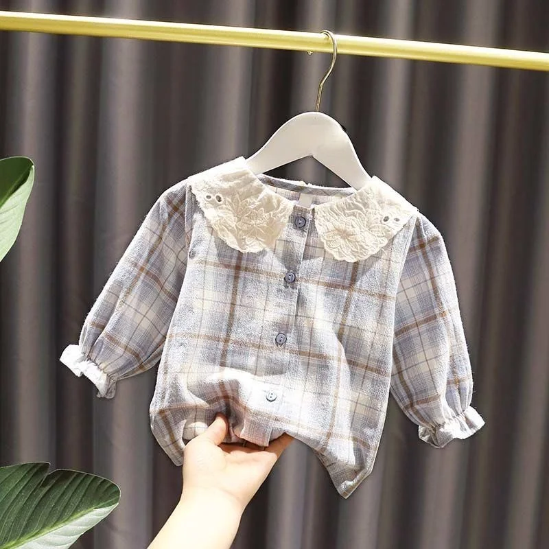 

Хлопковые рубашки в клетку для девочек, Летний Новый дизайн 2021, Детская верхняя одежда с отложным воротником, кружевными оборками и рукавам...