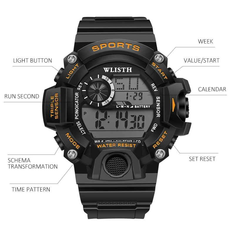

Watch men watch electronic waterproof luminous display large dial sports outdoor watch men multi-function WLISTH free shipping