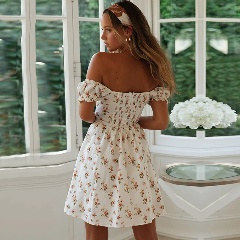 Женское платье с открытыми плечами летние пляжные Мини Платья цветочным принтом
