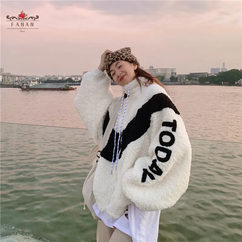 

Lambswool Coats Thicken Warm Zipper Jacket for Women Winter Loose Patchwork Velvet Tops Casual Harajuku Female Coat Oversize