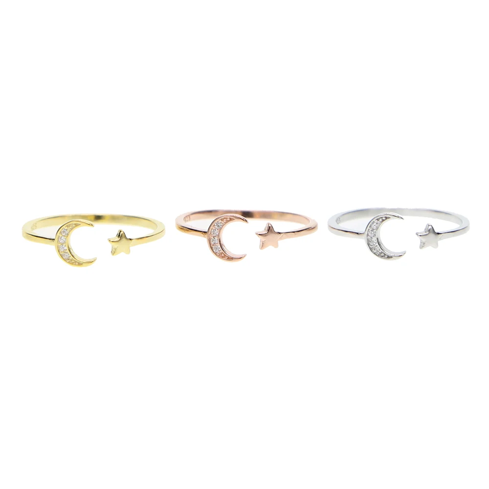 2021 Real 925 Sterling Silver Open Moon Star Rings Delicate Minimal Girl Women Christmas Gift Three Colors Cute Elegance Ring | Украшения и