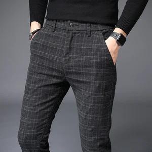 Осень-зима 2021, бархатные утепленные брюки HCXY для мужчин, клетчатые рабочие брюки в клетку, мужские облегающие теплые брюки-карандаш для мужчин