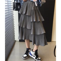 black long skirts womens ruffles skirt casual 2022 spring summer high waisted asymmetrical high low ruched gothic skirts rok