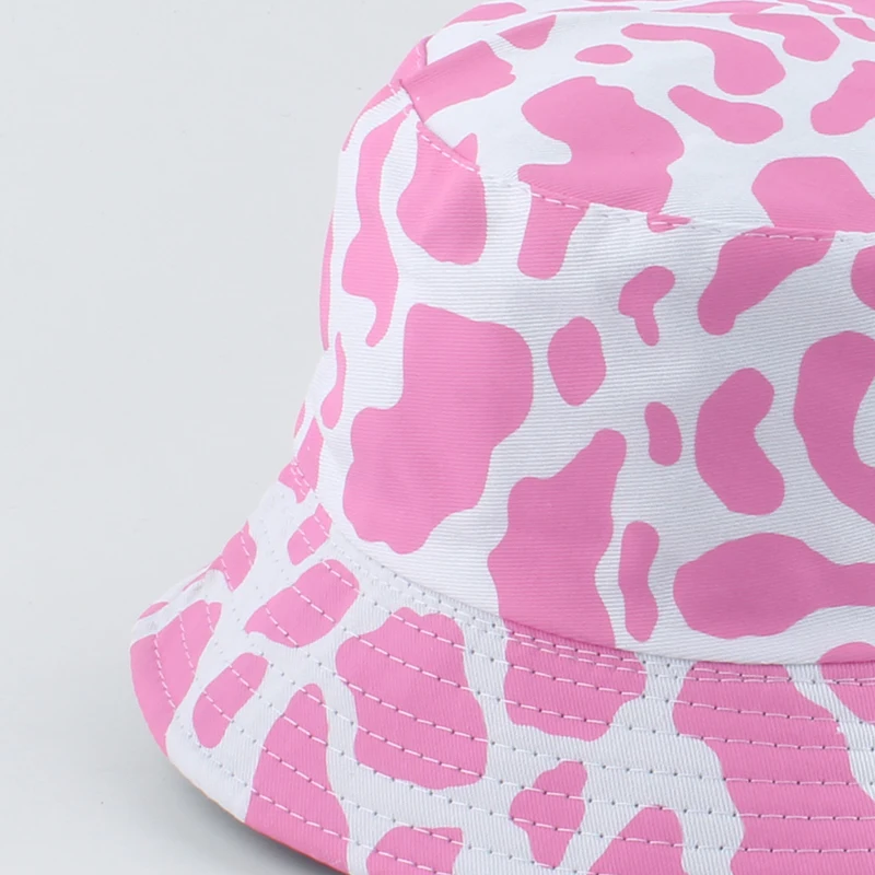 2020 New Fashion Korean Pink Cow Print Bucket Hat Women Reversible Fishing Cap Bob Chapeau Autumn Summer