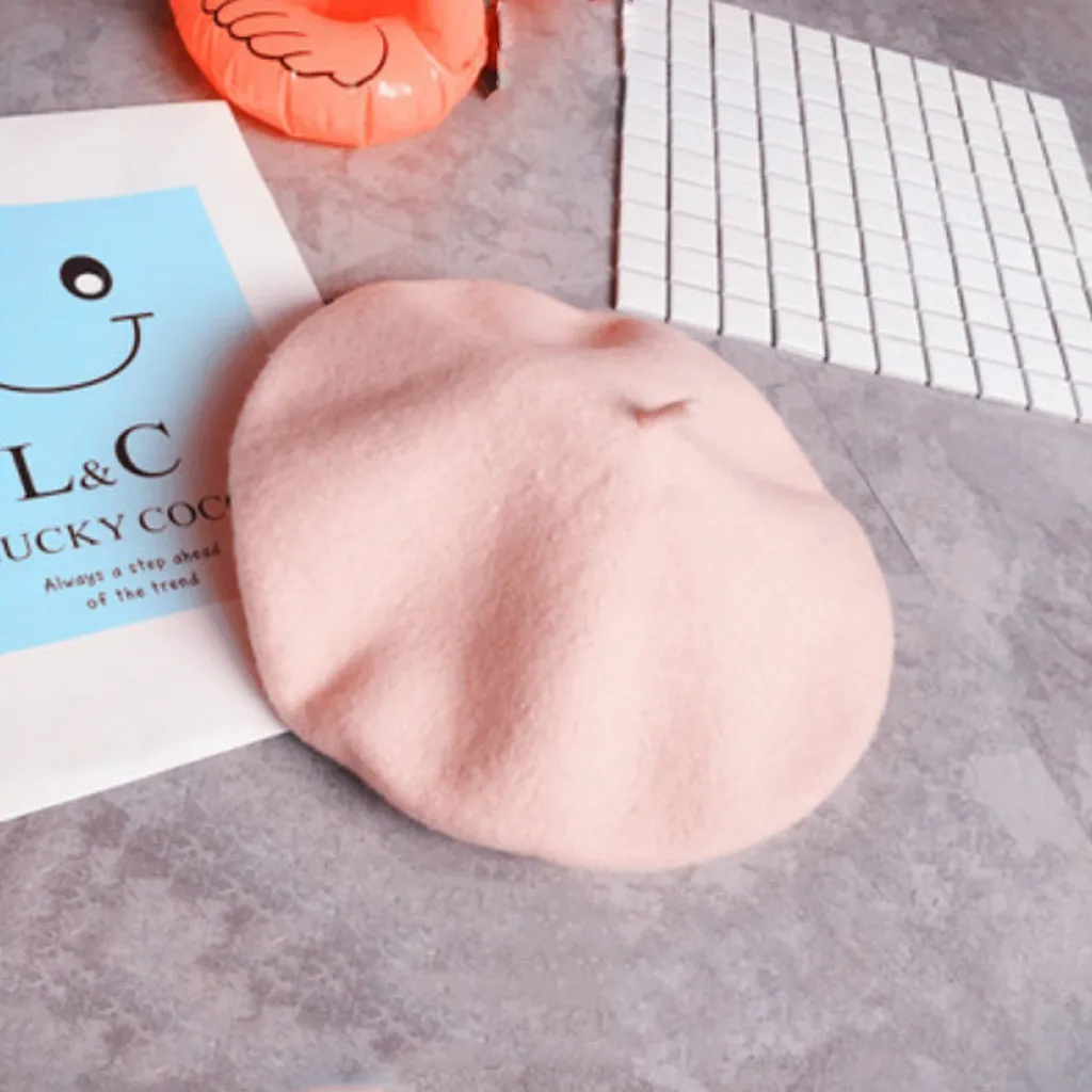 Children Winter Hat Girls Stretch Beret Retro Wool Pure Color Head Scarf Wrap Cap 2-7 Years Kids Fashion C800# | Детская одежда и