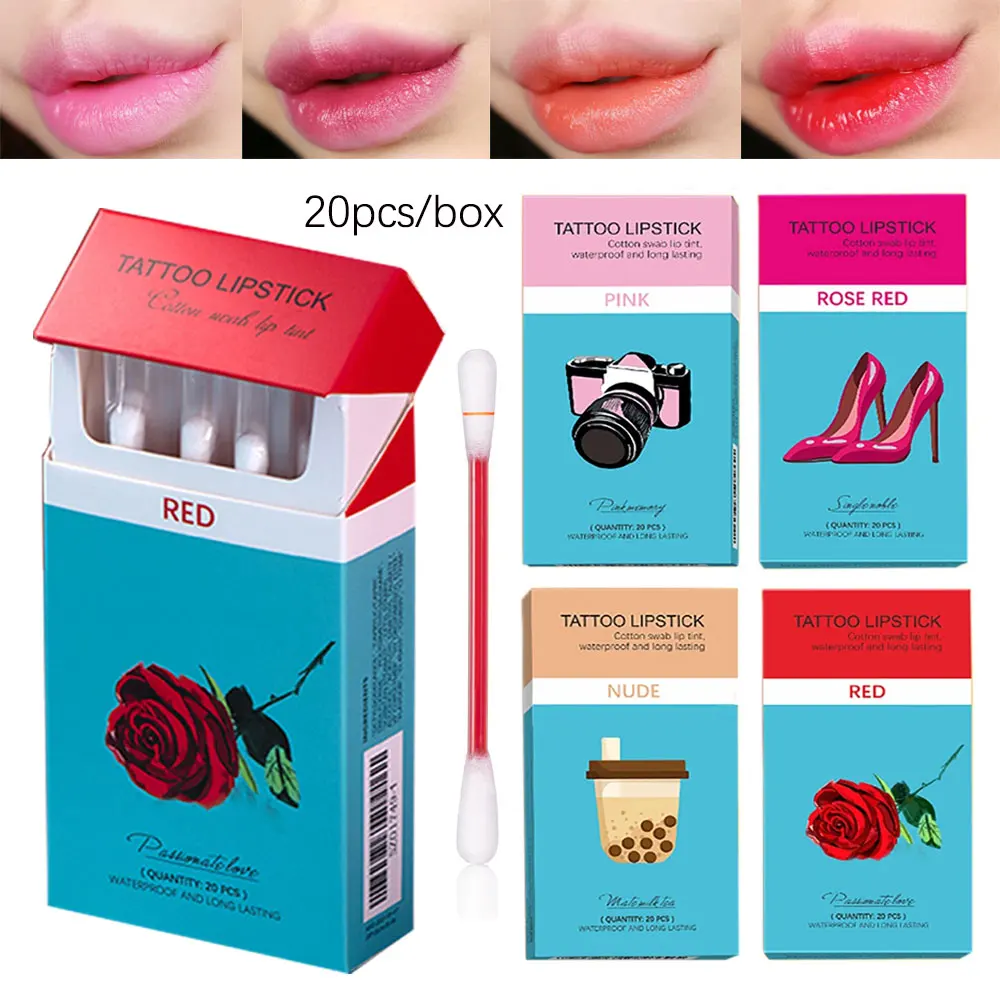

Tattoo Lipstick Cotton Swab Matte Waterproof Lip Gloss Stick Cotton Buds 20pcs/Lot Liquid Lipsticks Set Cigarette Case Box