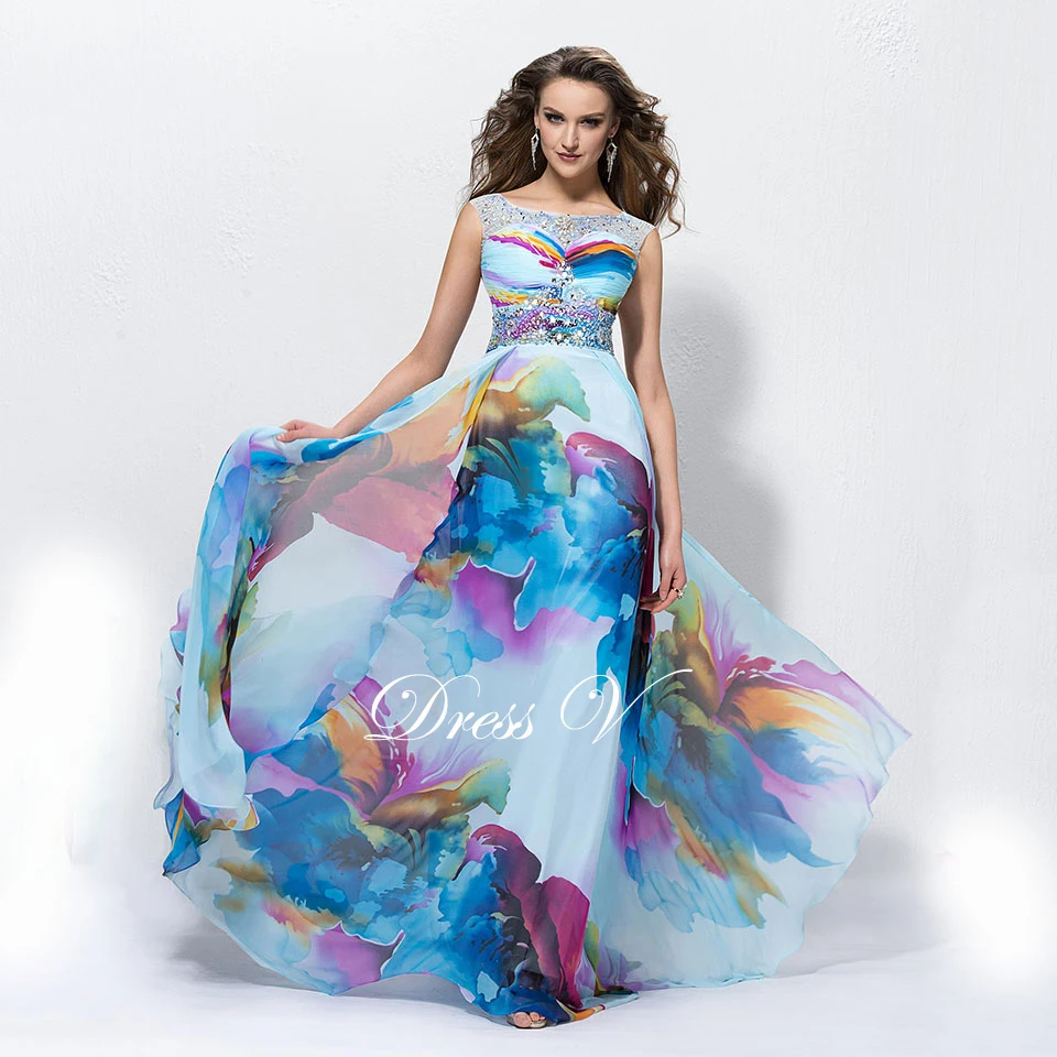 Dressv печать длинное платье с глубоким круглым декольте без рукавов линии простой спинки длиной до пола Вечерние платья для выпускного вечера
