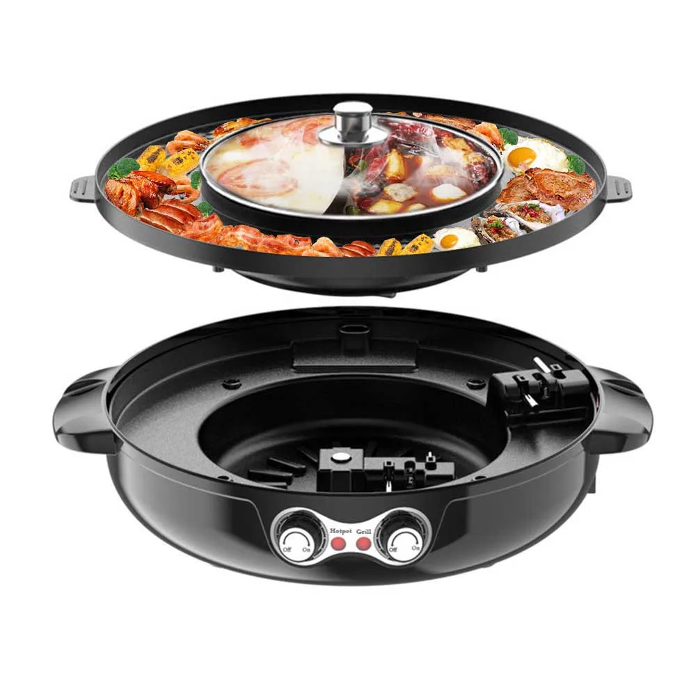 

2 in 1 Electric Smokeless Grill Hot Pot 110V 220V Large Capacity Double Temperature Control Split Home BBQ Barbecue Machine