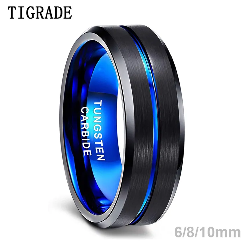 TIGRADE 6/8/10mm Blue&Black Mens Tungsten Carbide Ring Blue Line Design For Women Wedding Engagement Rings Fashion Size 6 -17