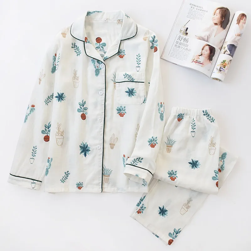 

Spring and Autumn Cotton Gauze Pajama Set Thin Plus Size Long-sleeved 2 Piece Suit Home Clothes