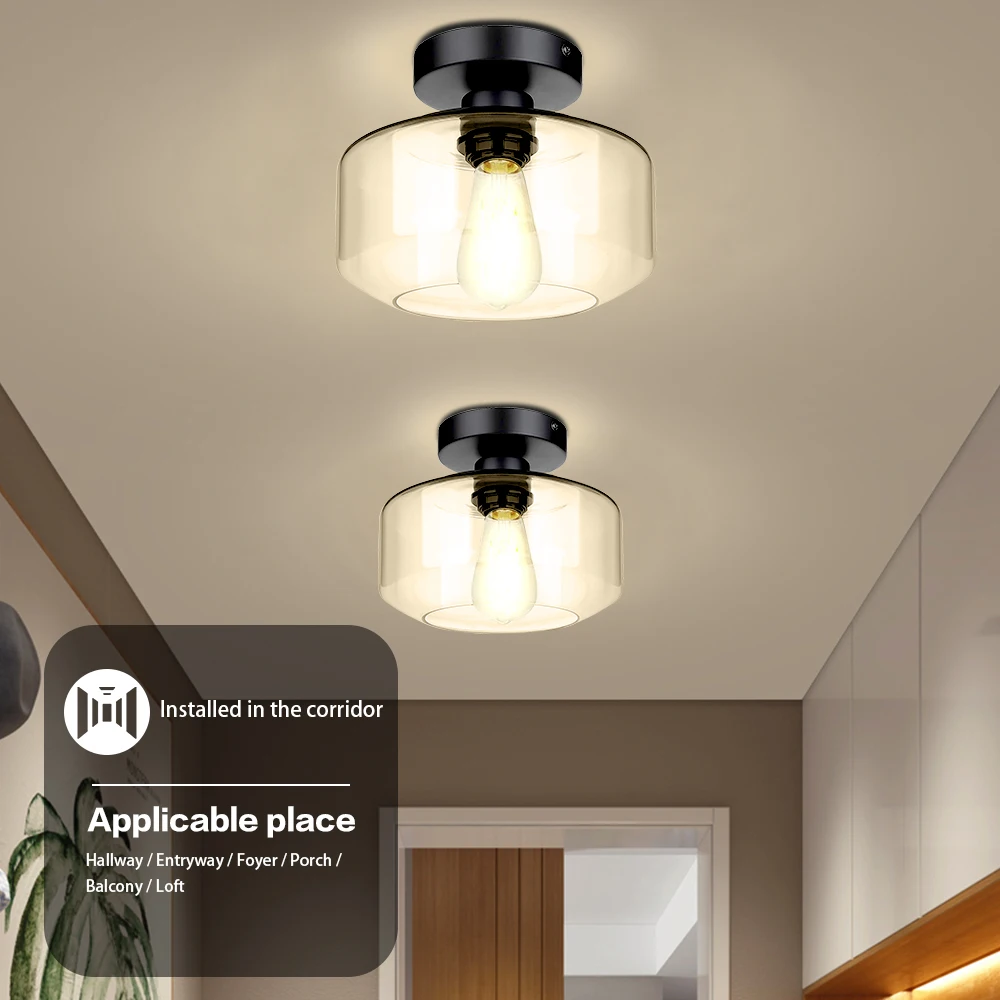 

Industrial Ceiling Light Fixture with Clear Glass Shade Semi-Flush Mount for Dining Room Bedroom Hallway Cafe Bar Corridor