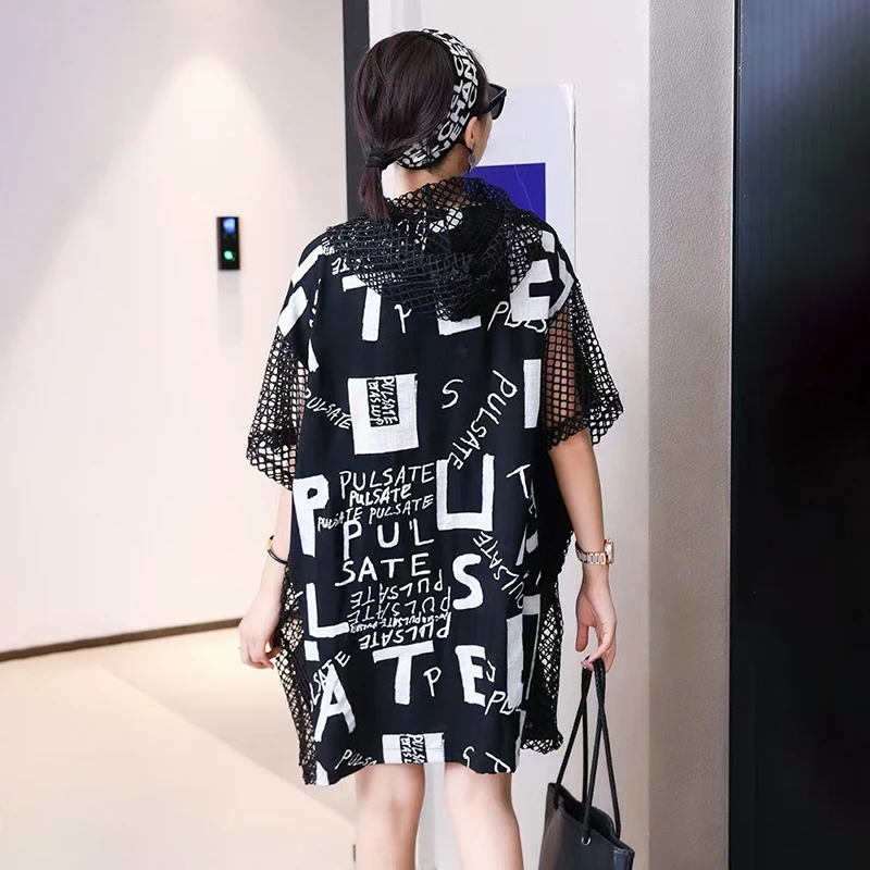 

CHICEVER Patchwork Gauze Print Dress For Women Hooded Short Sleeve Hit Color Pockets Zipper Knee Length Dresses Females Clothing