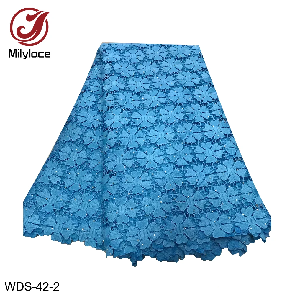 

Milylace pure color Nigerial guipure lace fabric 5 yards flower embroidery guipure lace fabric with stones for dresses WDS-42