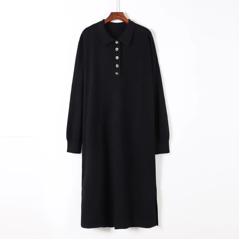 

Paris Girl Elegant Solid Shirt Dress Turn Down Collar Casual Loose Knitted Dress Hem Split Long Sleeve Lady Midi Dresses Vestido