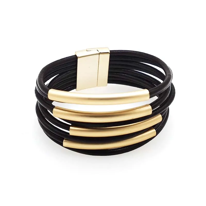 Женский многослойный браслет в стиле панк широкий кожаный с металлической