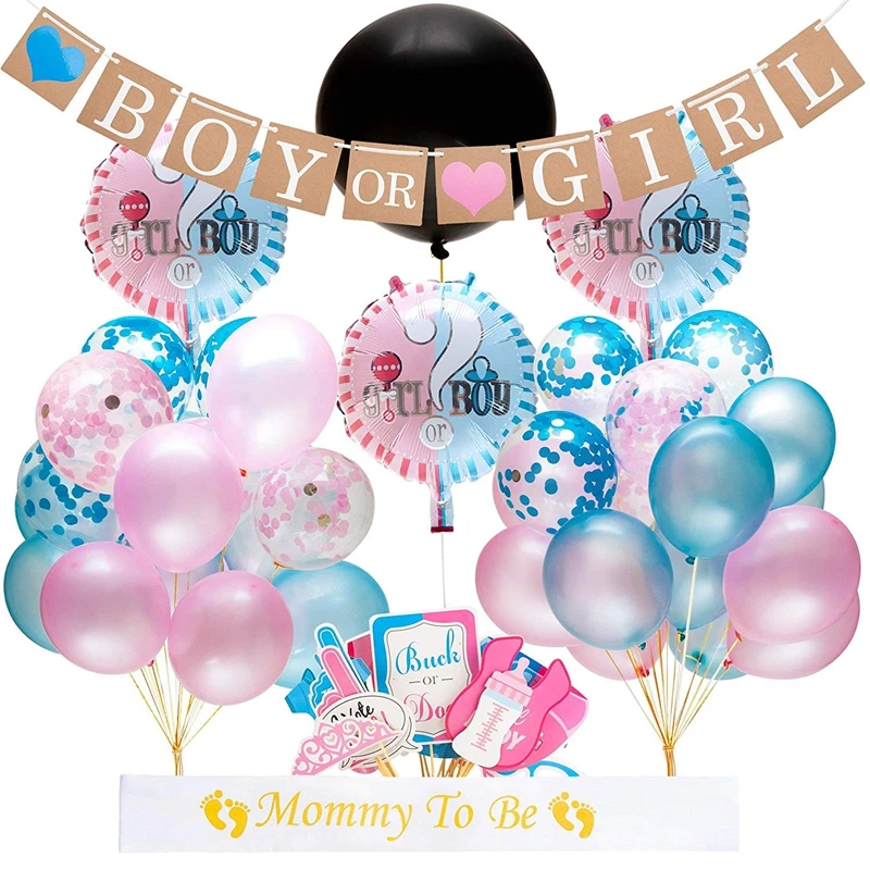

Gender Reveal Party Supplies Baby Party Decoration BOY OR GIRL Flag Pulling Confetti Balloons Photo Props