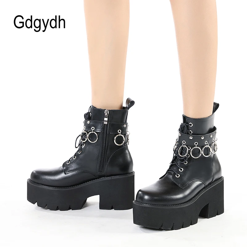 

Gdgydh/ботинки на платформе со шнуровкой и пряжкой; Женские Ботинки Martin на высоком каблуке; Цвет черный, готический; Водонепроницаемые ботинки ...