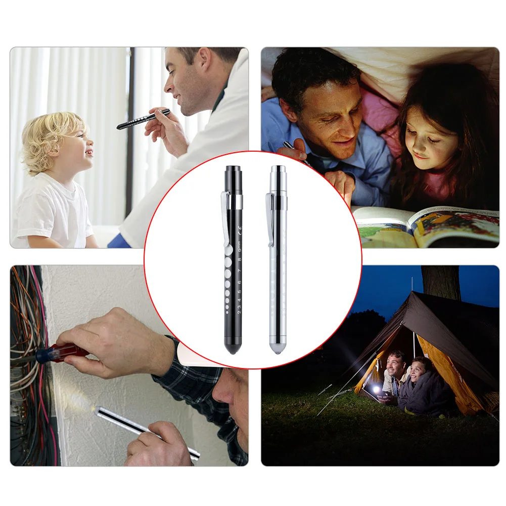 

2pcs Diagnosis Portable Medical Led Pen Light With Pupil Gauge Clip Doctor Nurse Button Battery Powered Aluminium Alloy Ruler