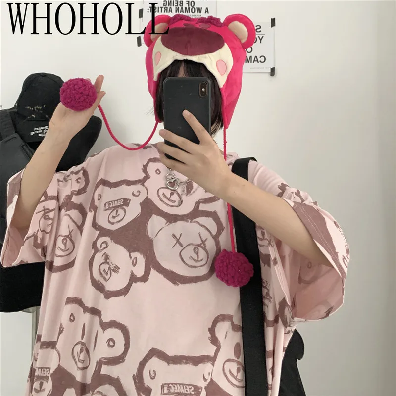 

Summer Harajuku Women T-shirt Half Sleeves Cartoon Bear Loose Tops Tide High Street Cotton Tshirt Large Size Tees