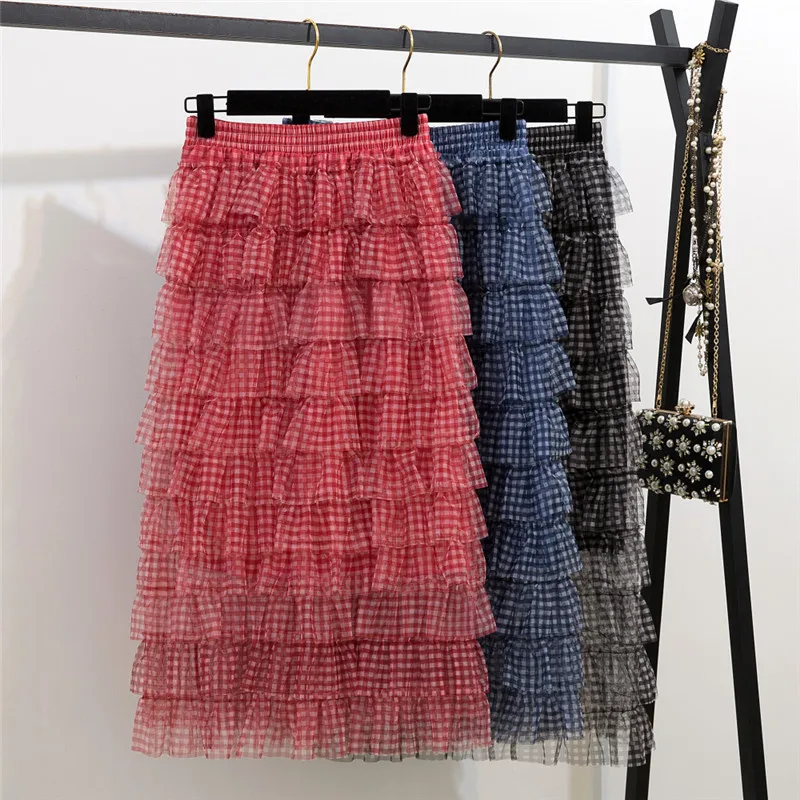 Пышная юбка-миди в Корейском стиле женская летняя клетчатая юбка с высокой