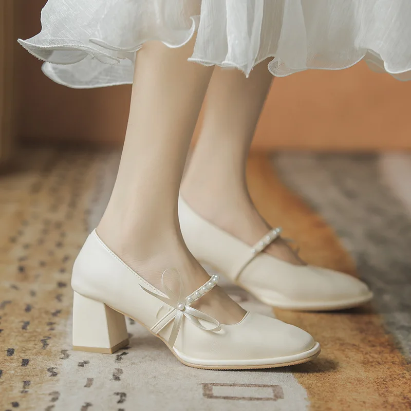 

Mary Jane High-heeled Shoes Female Fairy Style Bow 2021 Spring New Wild Retro Pearl Thick Heel Leather Shoes