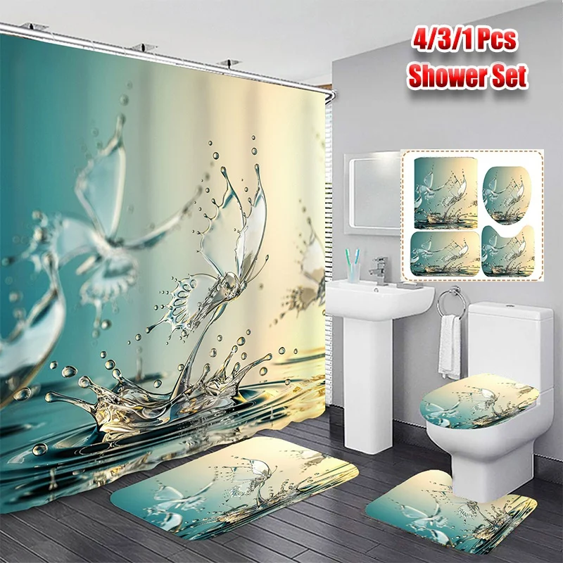 

Водонепроницаемая занавеска для душа с рисунком водяной бабочки, набор для ванной, нескользящий напольный коврик, подушка для сиденья унит...